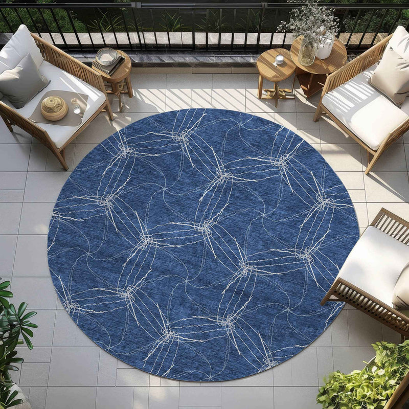 8' Navy Blue And Ivory Round Geometric Washable Indoor Outdoor Area Rug