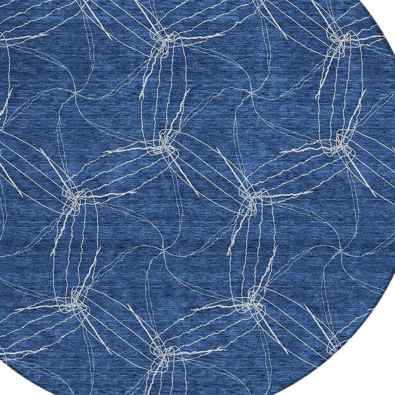 8' Navy Blue And Ivory Round Geometric Washable Indoor Outdoor Area Rug