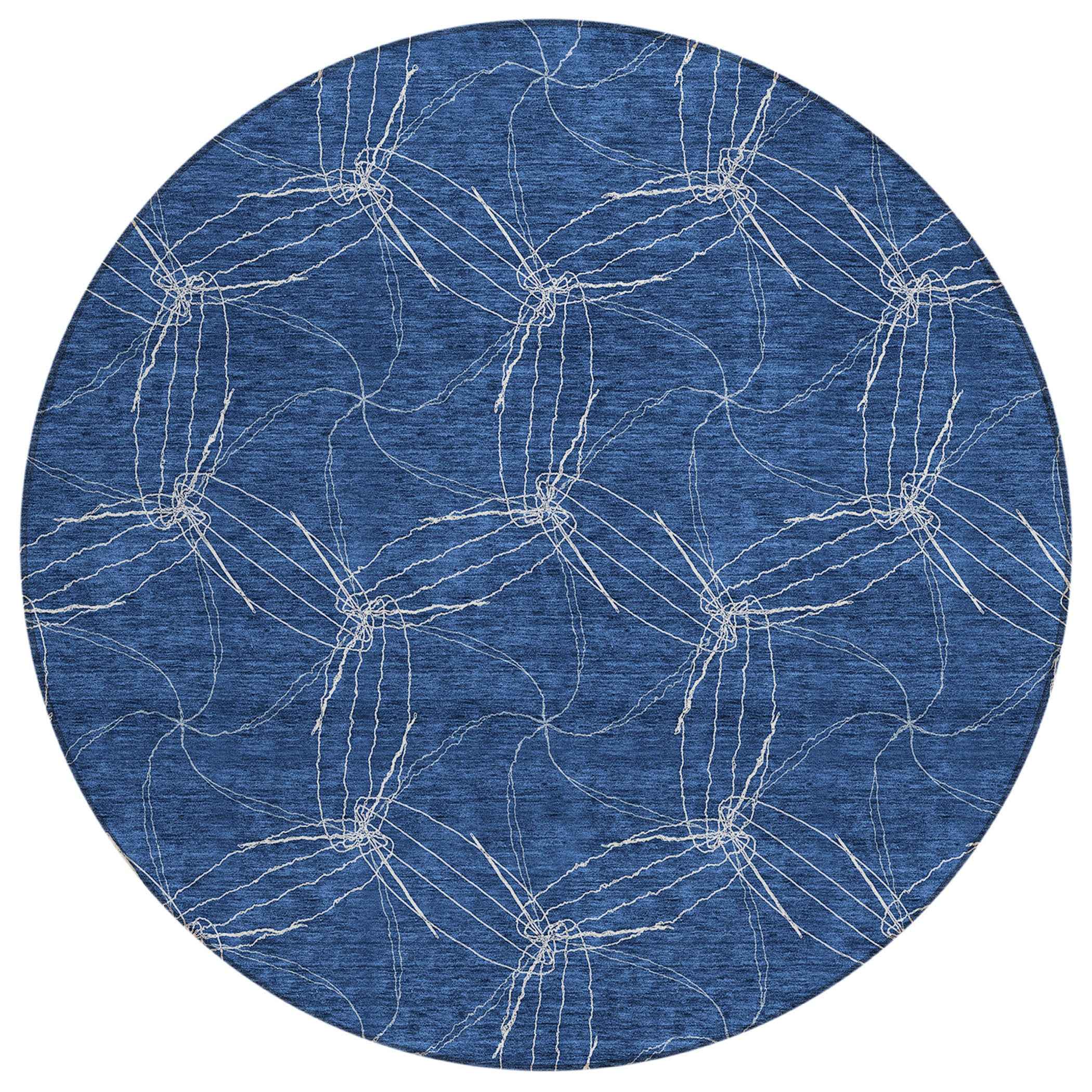 8' Navy Blue And Ivory Round Geometric Washable Indoor Outdoor Area Rug
