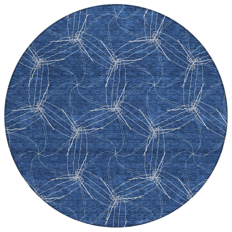 8' Navy Blue And Ivory Round Geometric Washable Indoor Outdoor Area Rug