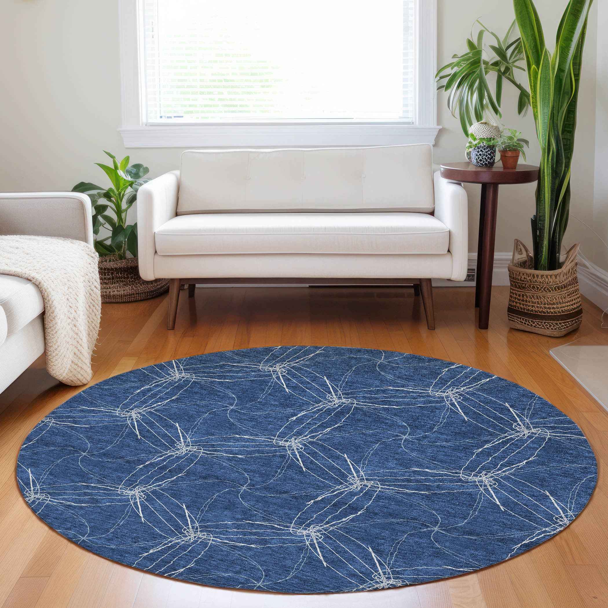 8' Navy Blue And Ivory Round Geometric Washable Indoor Outdoor Area Rug