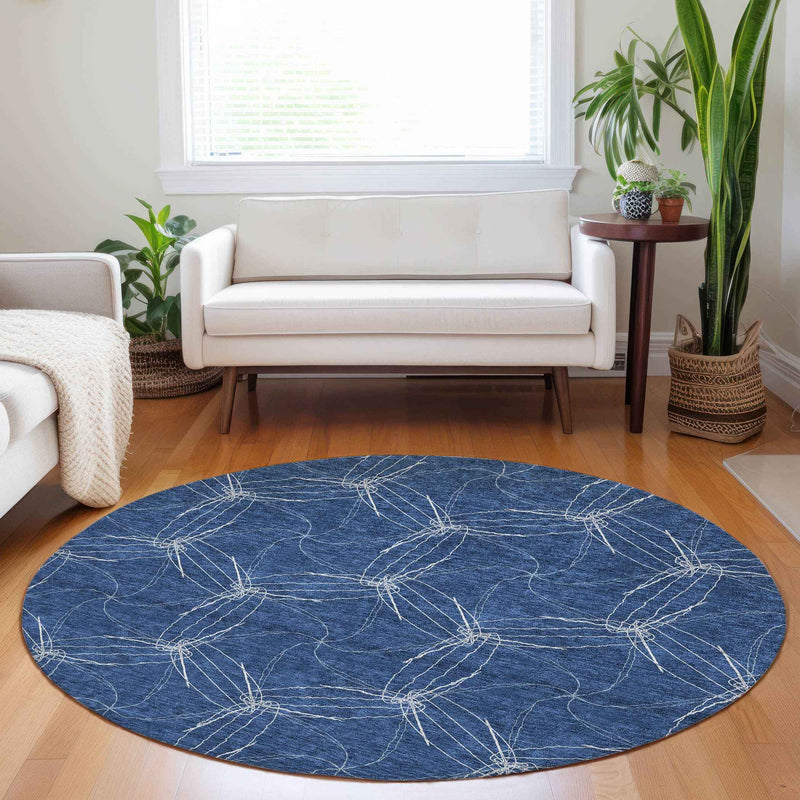 8' Navy Blue And Ivory Round Geometric Washable Indoor Outdoor Area Rug