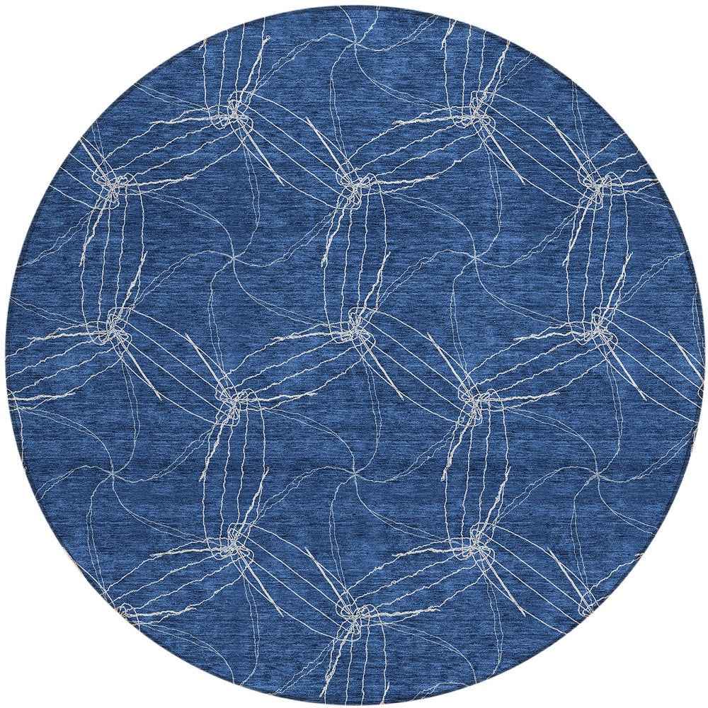8' Navy Blue And Ivory Round Geometric Washable Indoor Outdoor Area Rug