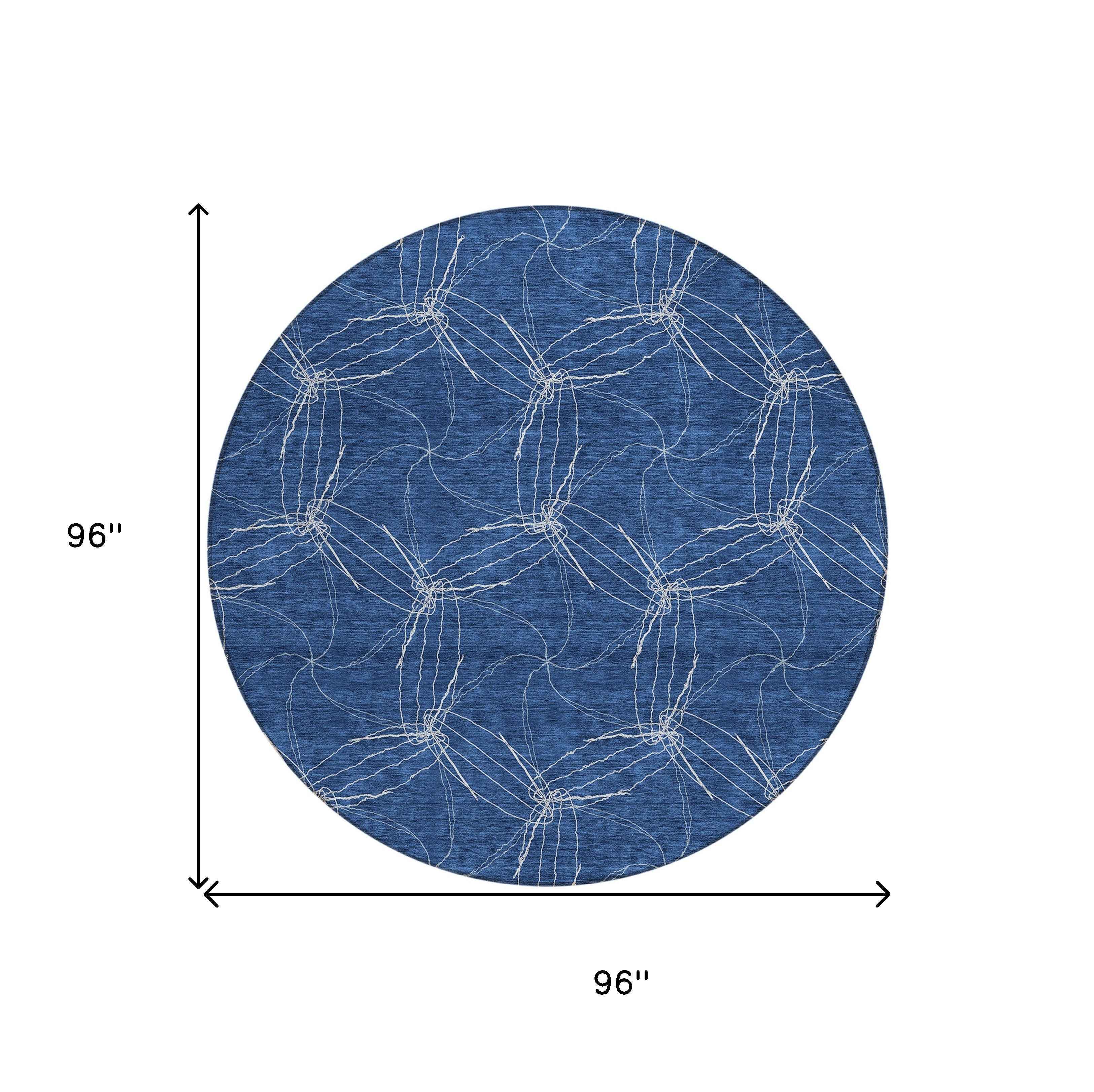 8' Navy Blue And Ivory Round Geometric Washable Indoor Outdoor Area Rug