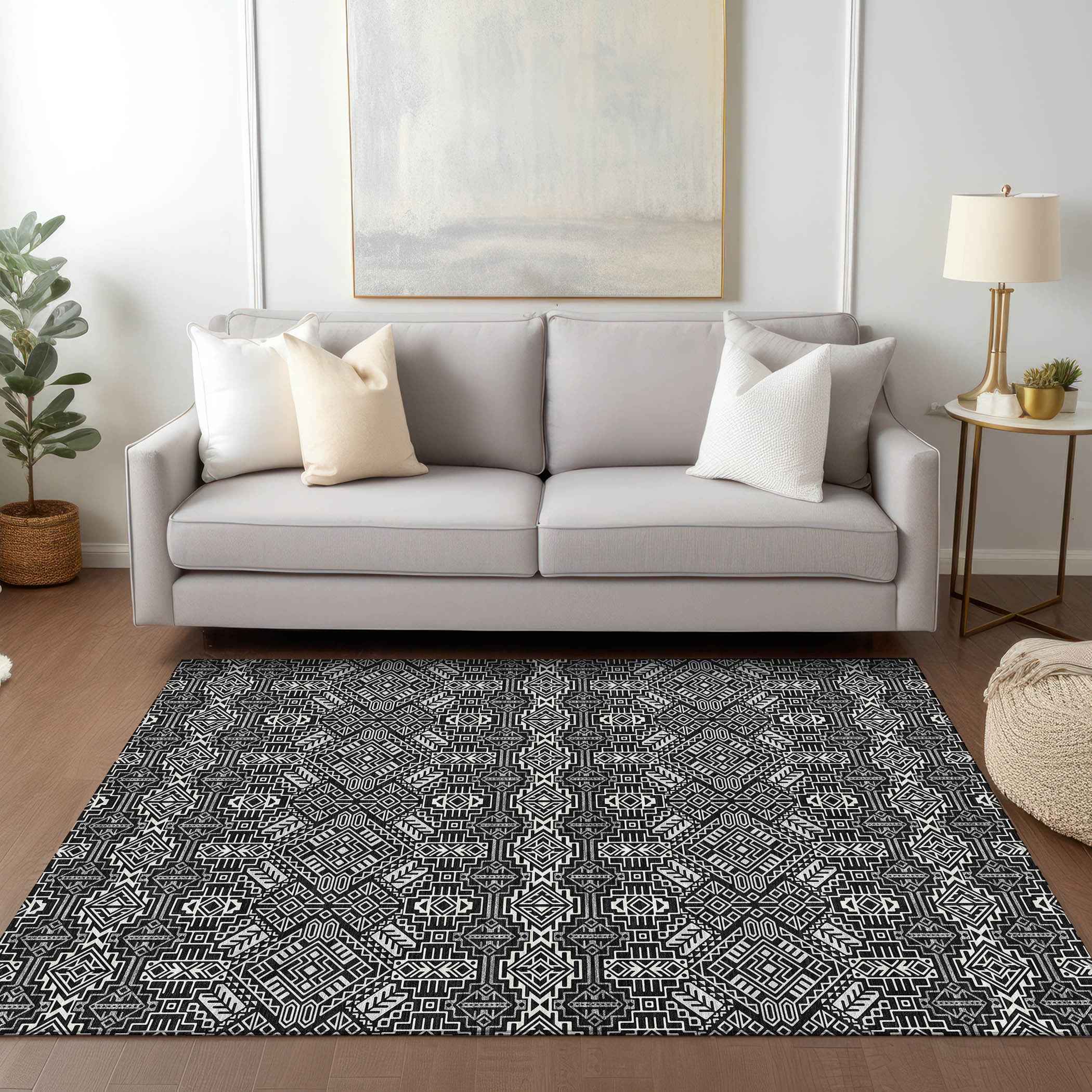 3' X 5' Black And Ivory Tribal Washable Indoor Outdoor Area Rug