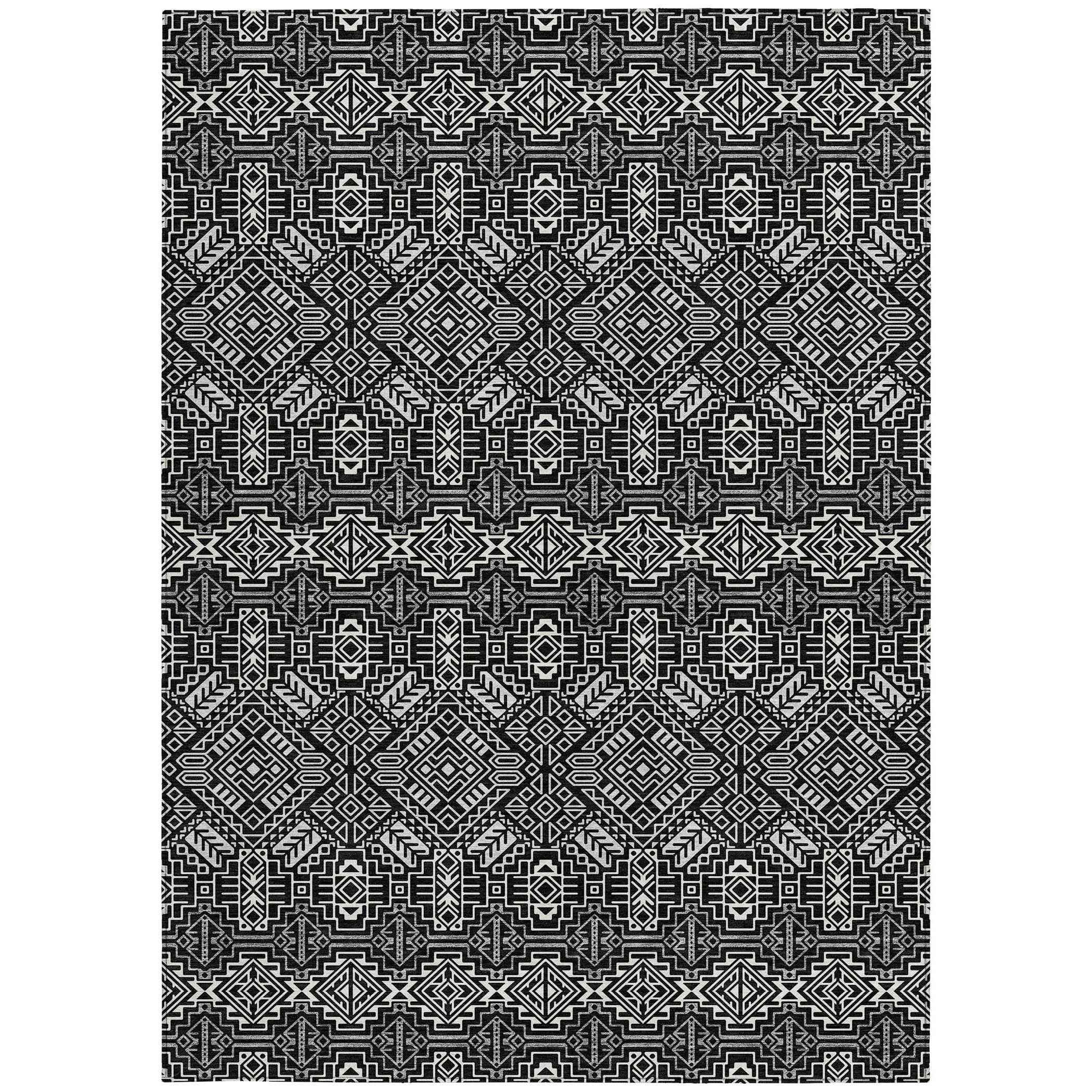 5' X 8' Black And Ivory Tribal Washable Indoor Outdoor Area Rug