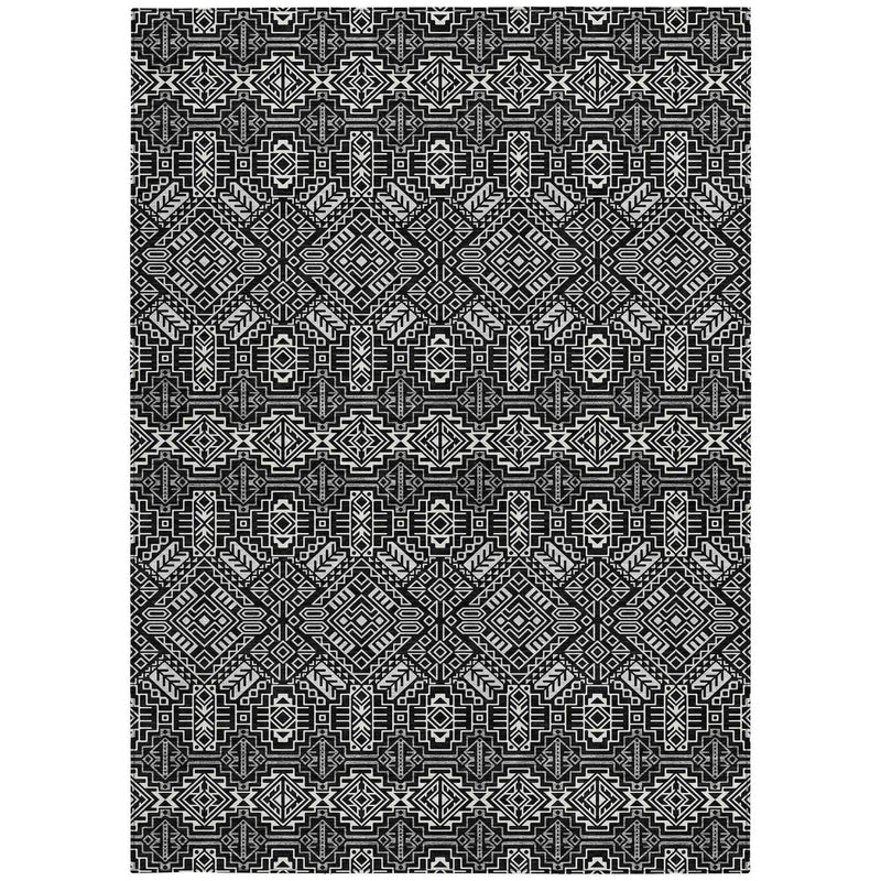 5' X 8' Black And Ivory Tribal Washable Indoor Outdoor Area Rug