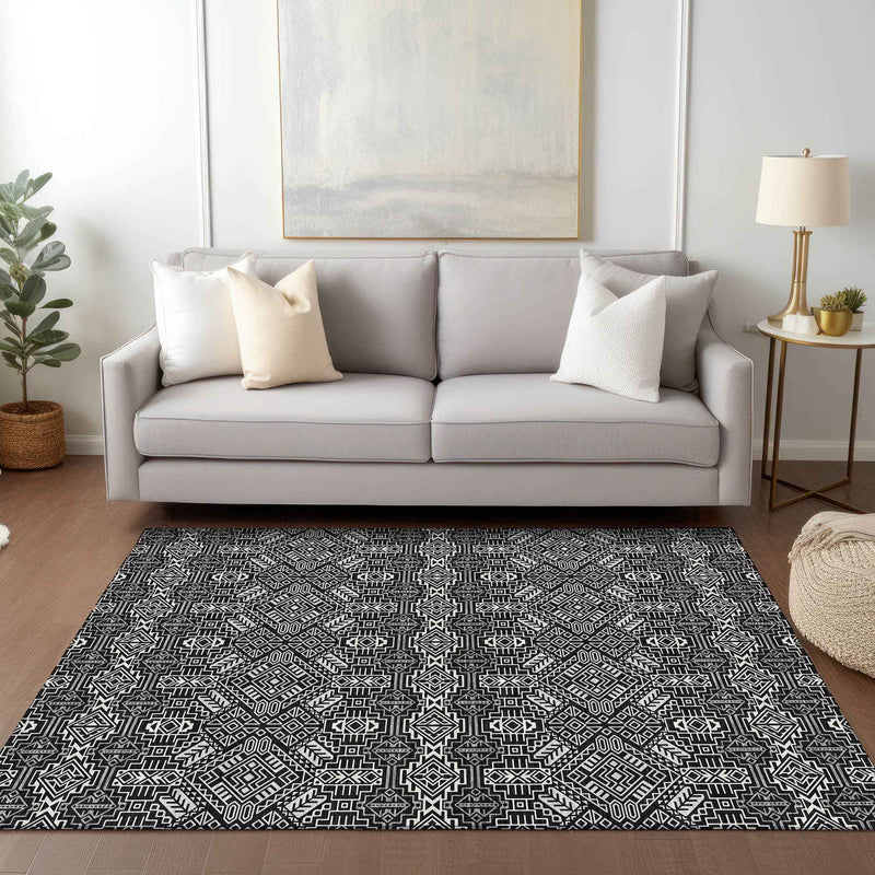 5' X 8' Black And Ivory Tribal Washable Indoor Outdoor Area Rug