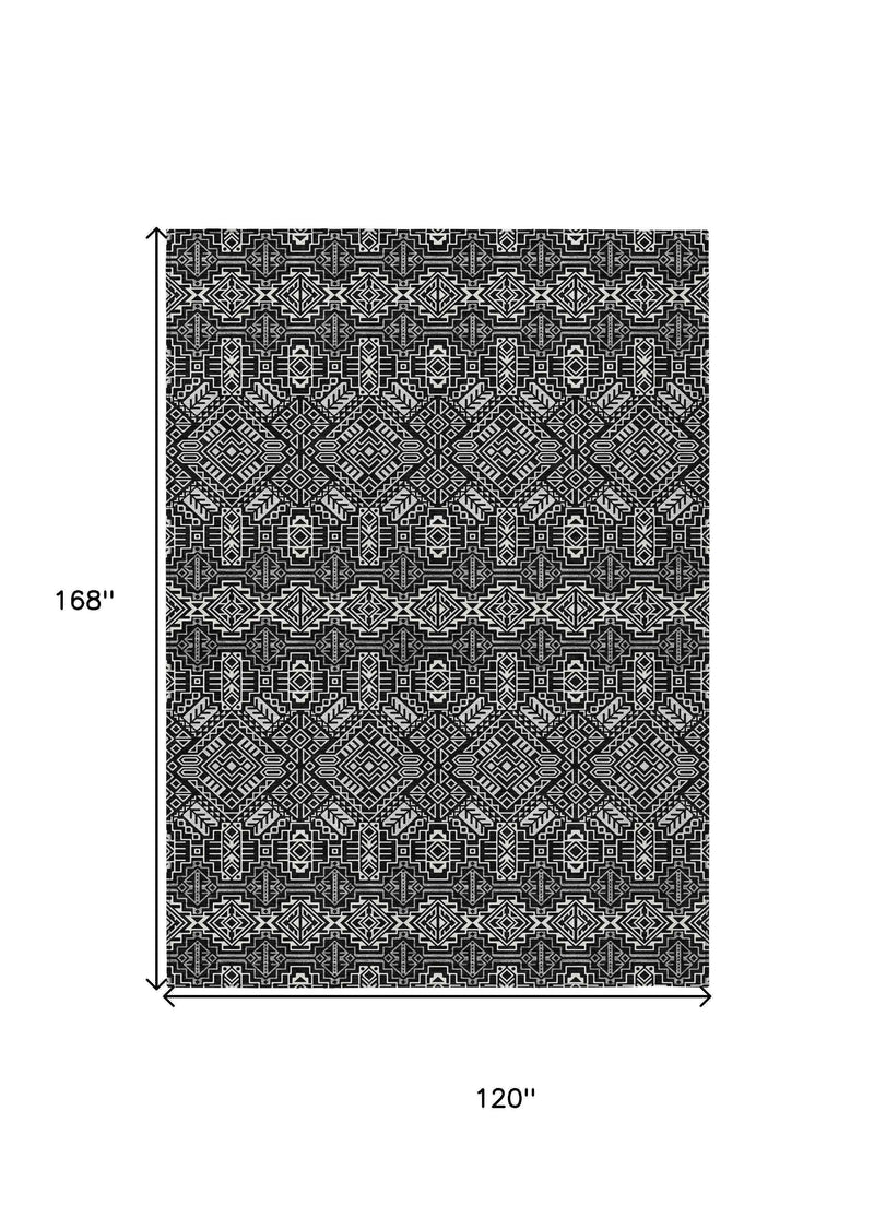 10' X 14' Black And Ivory Tribal Washable Indoor Outdoor Area Rug