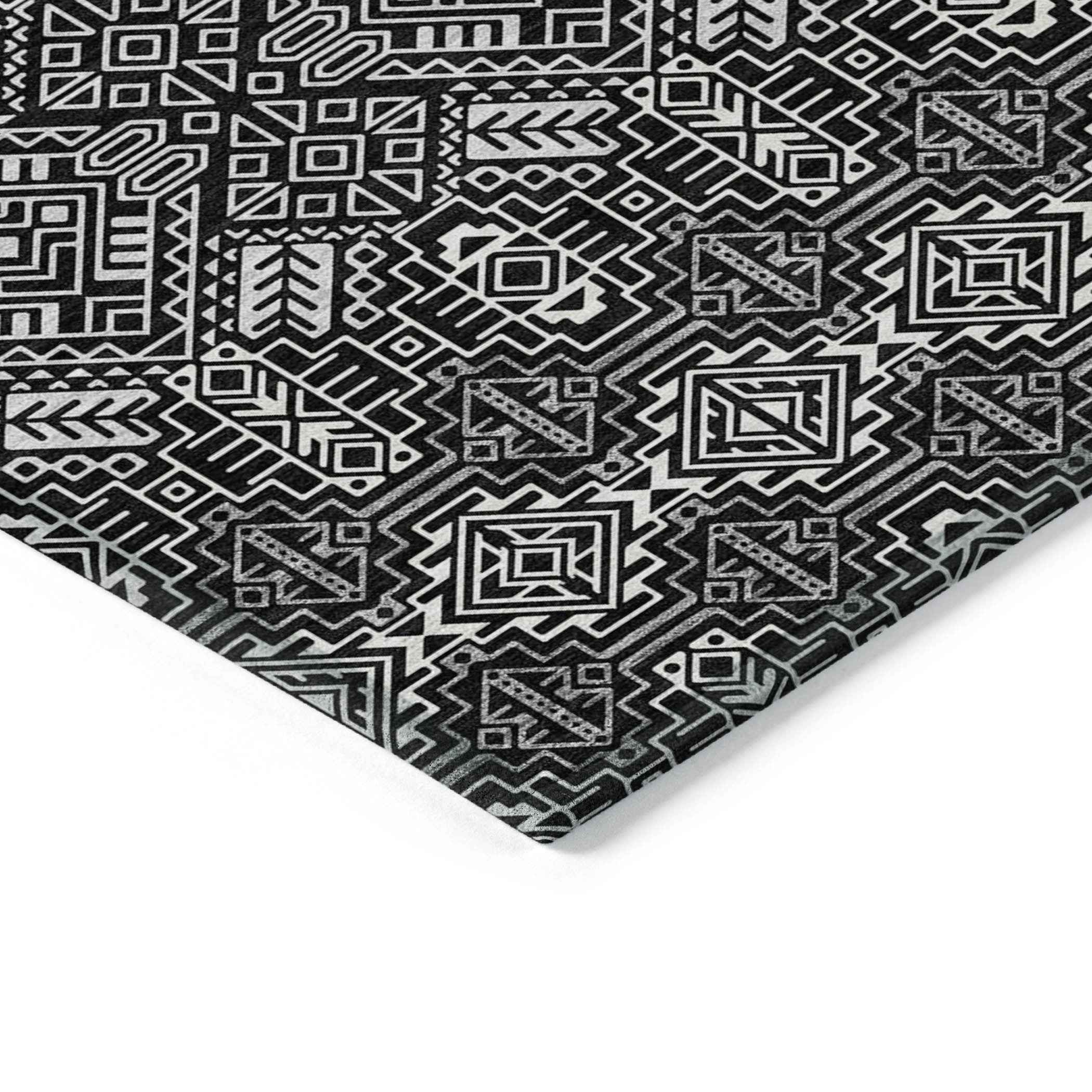 10' X 14' Black And Ivory Tribal Washable Indoor Outdoor Area Rug