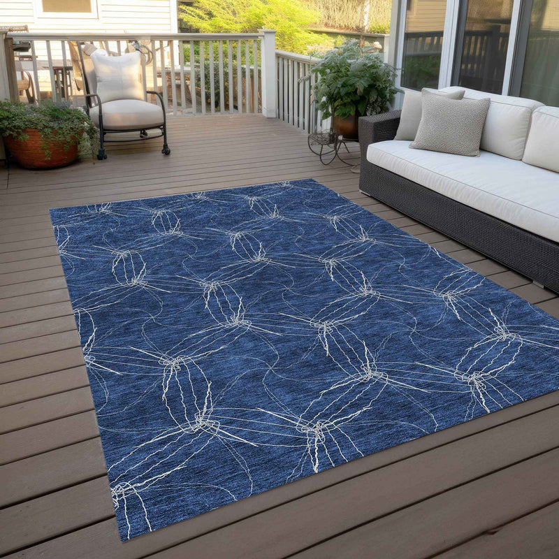 8' X 10' Navy Blue And Ivory Geometric Washable Indoor Outdoor Area Rug