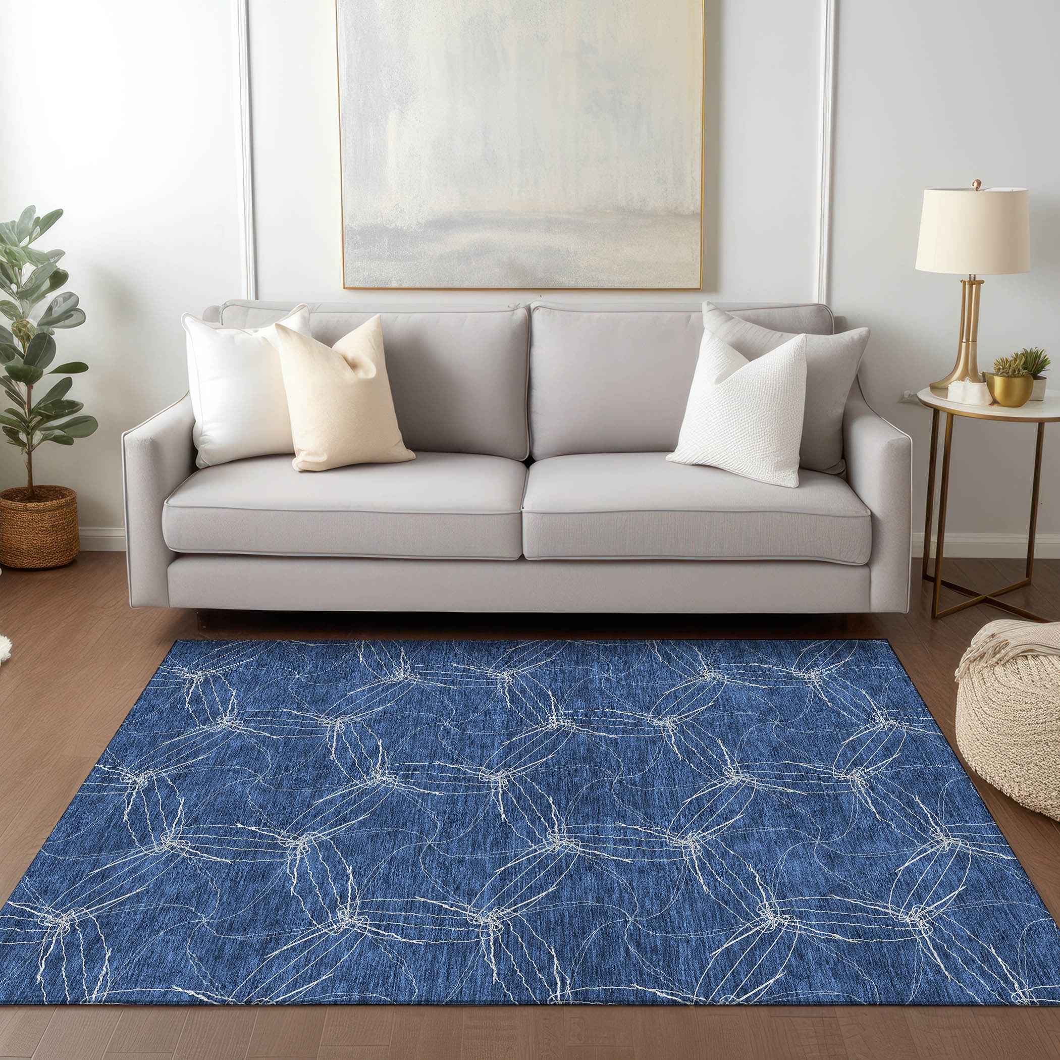 8' X 10' Navy Blue And Ivory Geometric Washable Indoor Outdoor Area Rug