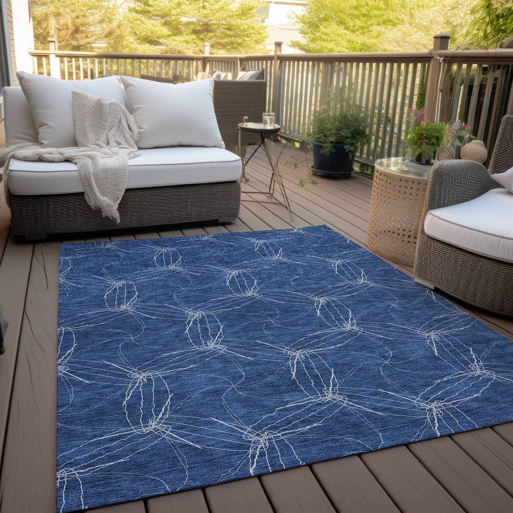 8' X 10' Navy Blue And Ivory Geometric Washable Indoor Outdoor Area Rug