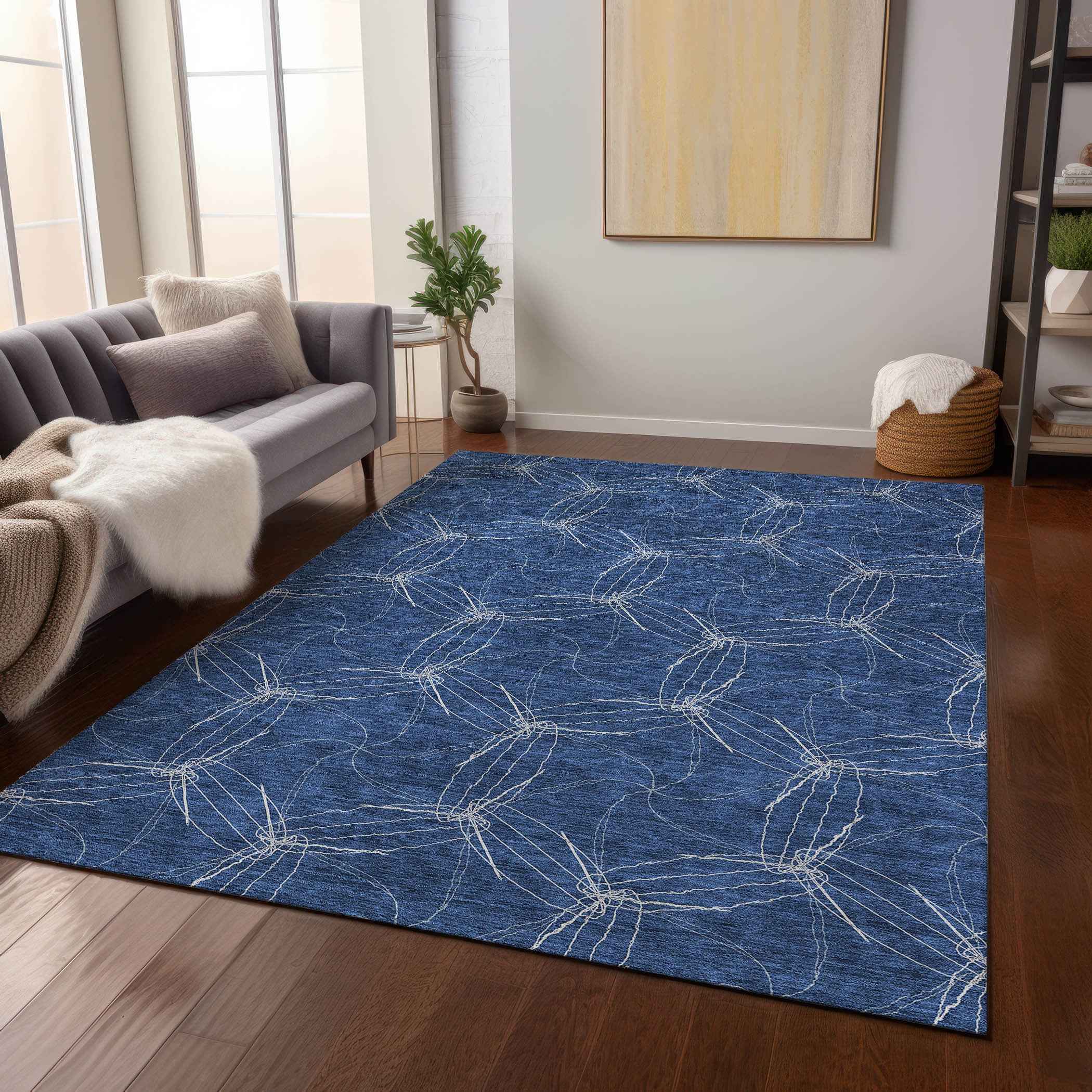 8' X 10' Navy Blue And Ivory Geometric Washable Indoor Outdoor Area Rug