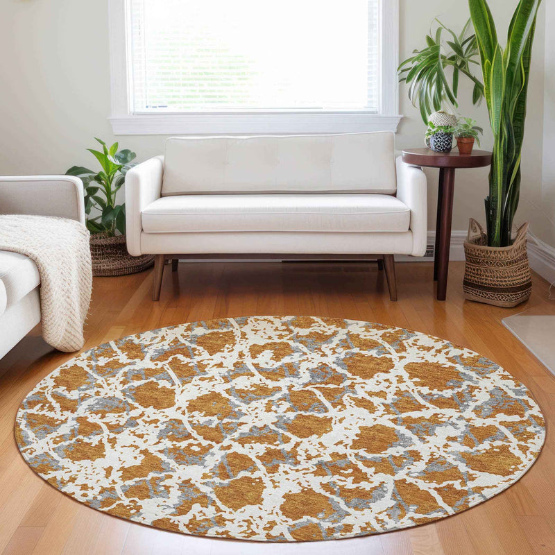 8' Copper And Ivory Round Abstract Washable Indoor Outdoor Area Rug