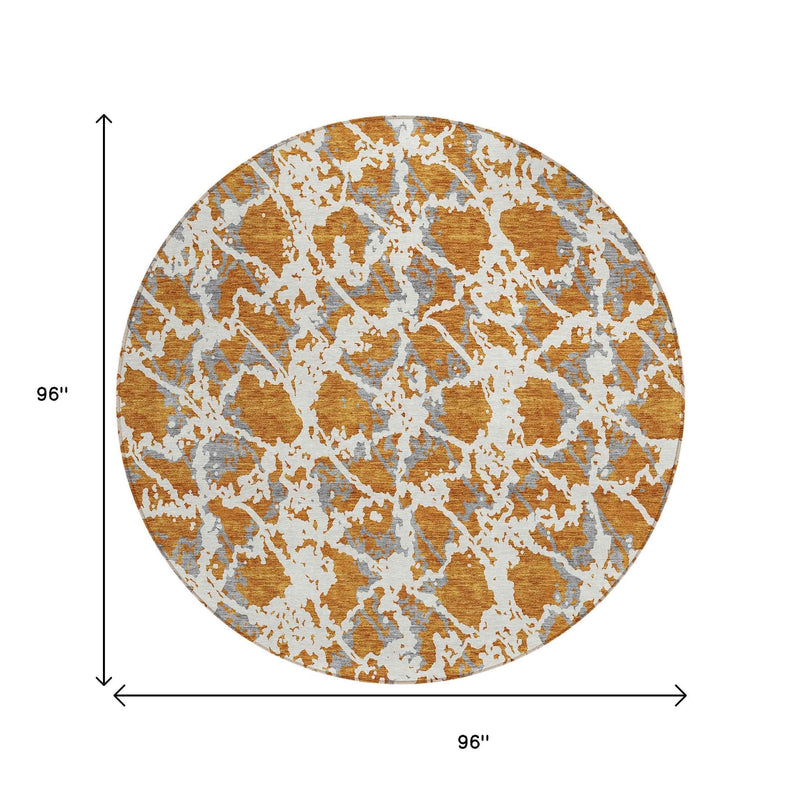 8' Copper And Ivory Round Abstract Washable Indoor Outdoor Area Rug