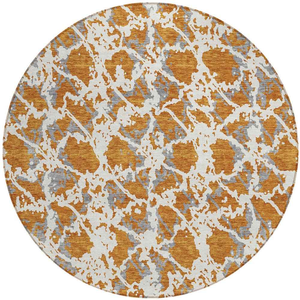 8' Copper And Ivory Round Abstract Washable Indoor Outdoor Area Rug