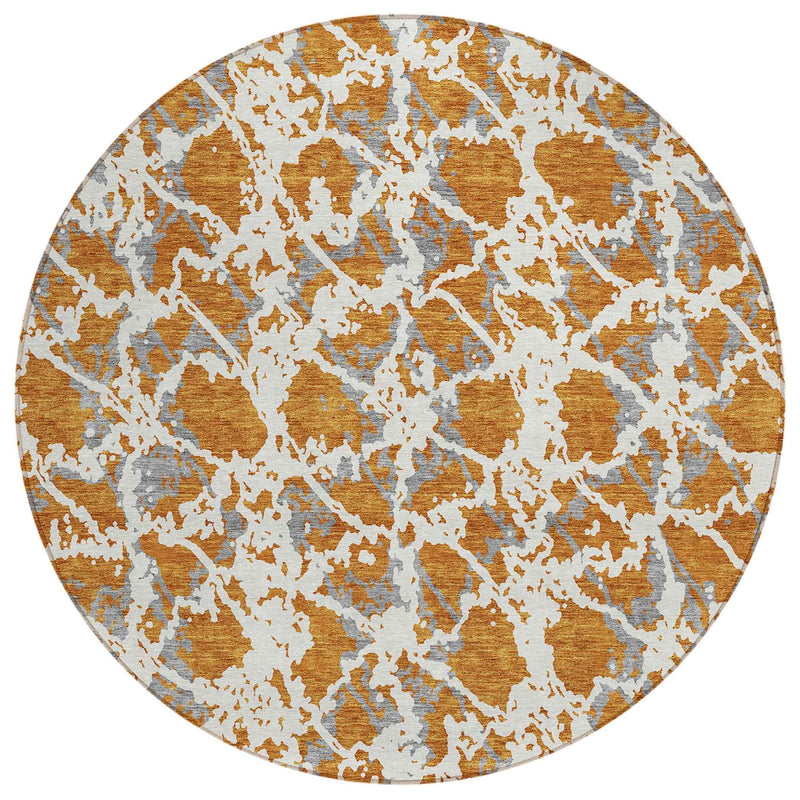 8' Copper And Ivory Round Abstract Washable Indoor Outdoor Area Rug