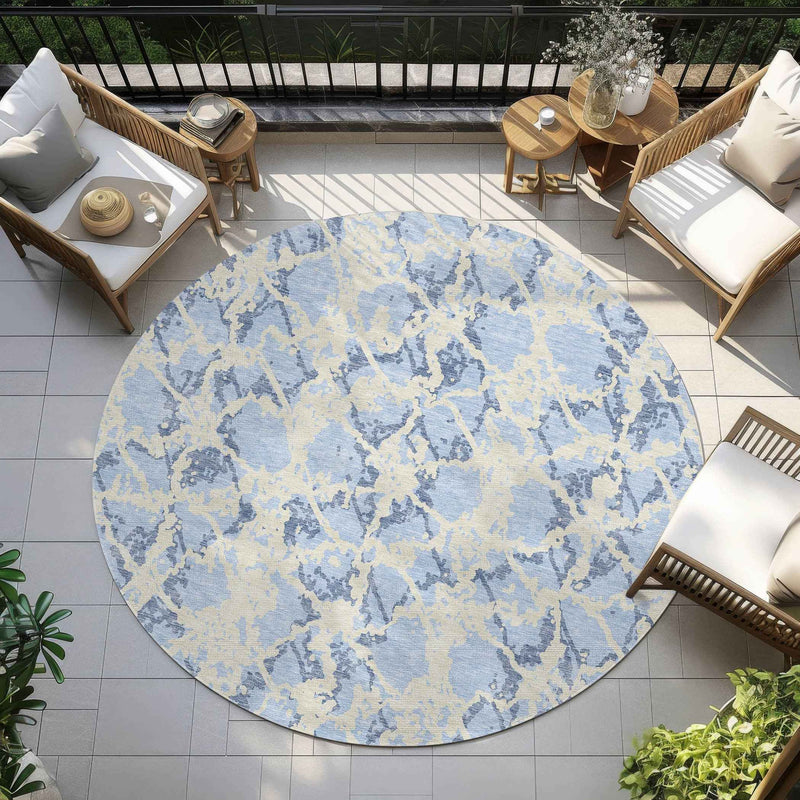 8' Sky Blue And Ivory Round Abstract Washable Indoor Outdoor Area Rug