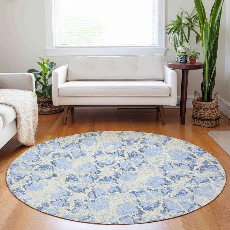 8' Sky Blue And Ivory Round Abstract Washable Indoor Outdoor Area Rug
