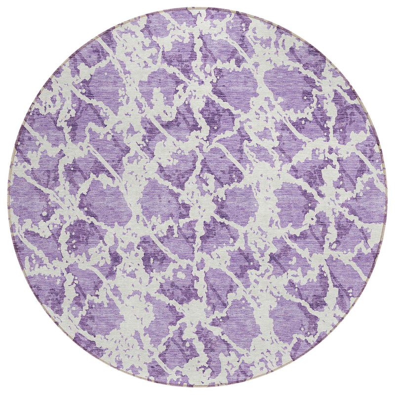 8' Lilac And Ivory Round Abstract Washable Indoor Outdoor Area Rug
