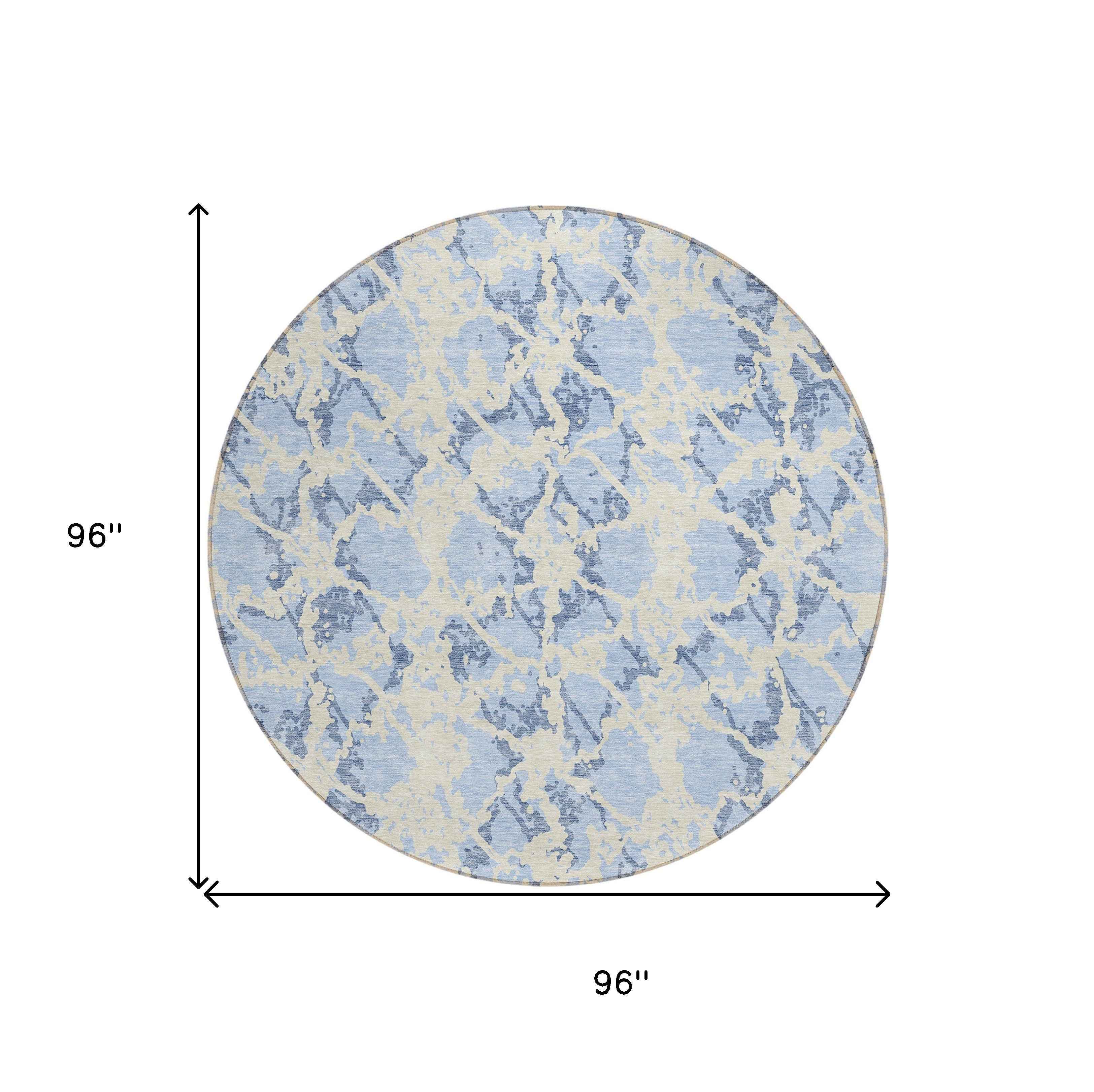 8' Sky Blue And Ivory Round Abstract Washable Indoor Outdoor Area Rug