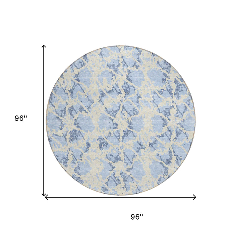 8' Sky Blue And Ivory Round Abstract Washable Indoor Outdoor Area Rug