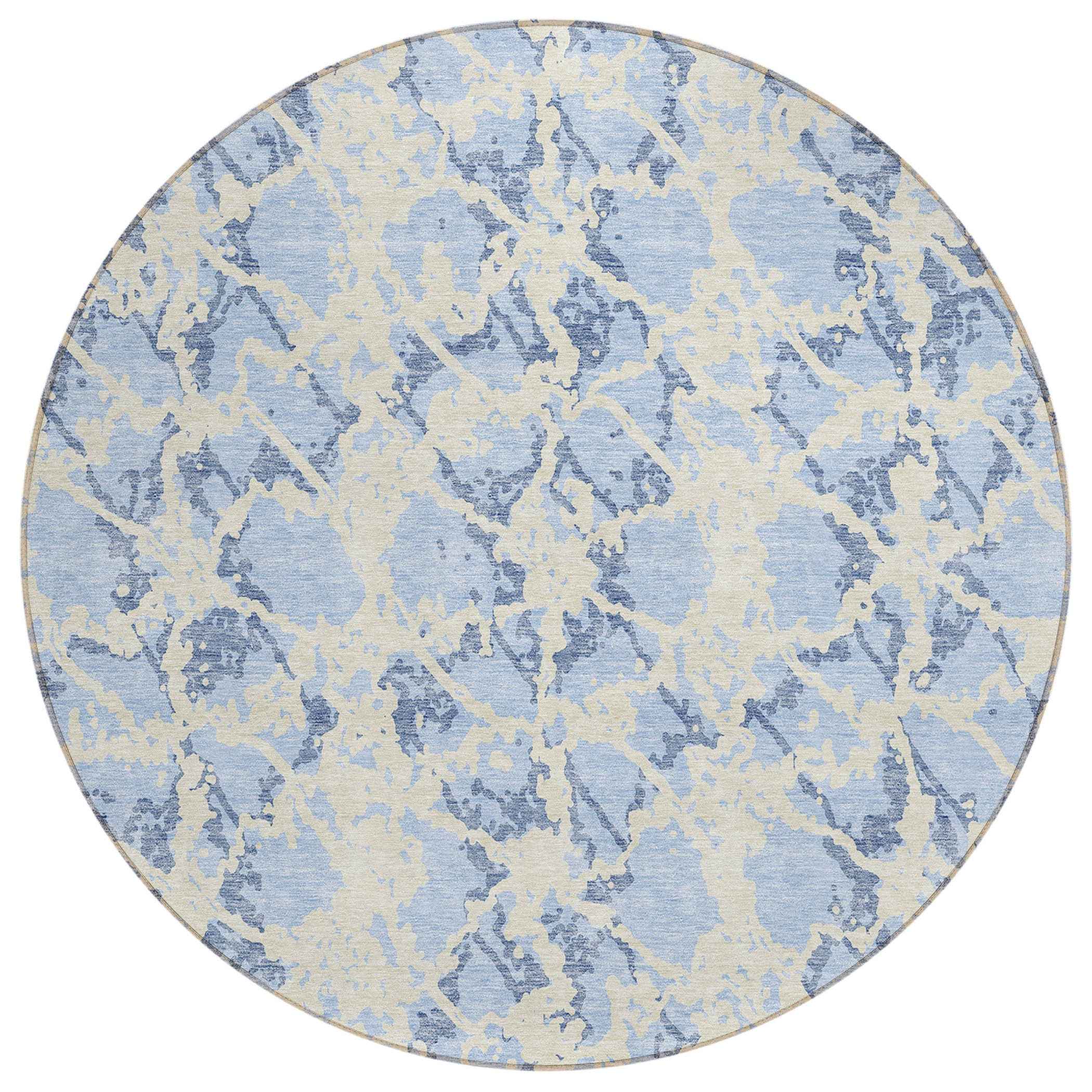 8' Sky Blue And Ivory Round Abstract Washable Indoor Outdoor Area Rug