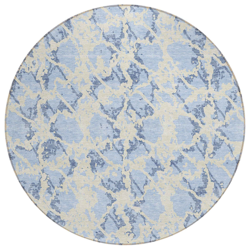 8' Sky Blue And Ivory Round Abstract Washable Indoor Outdoor Area Rug