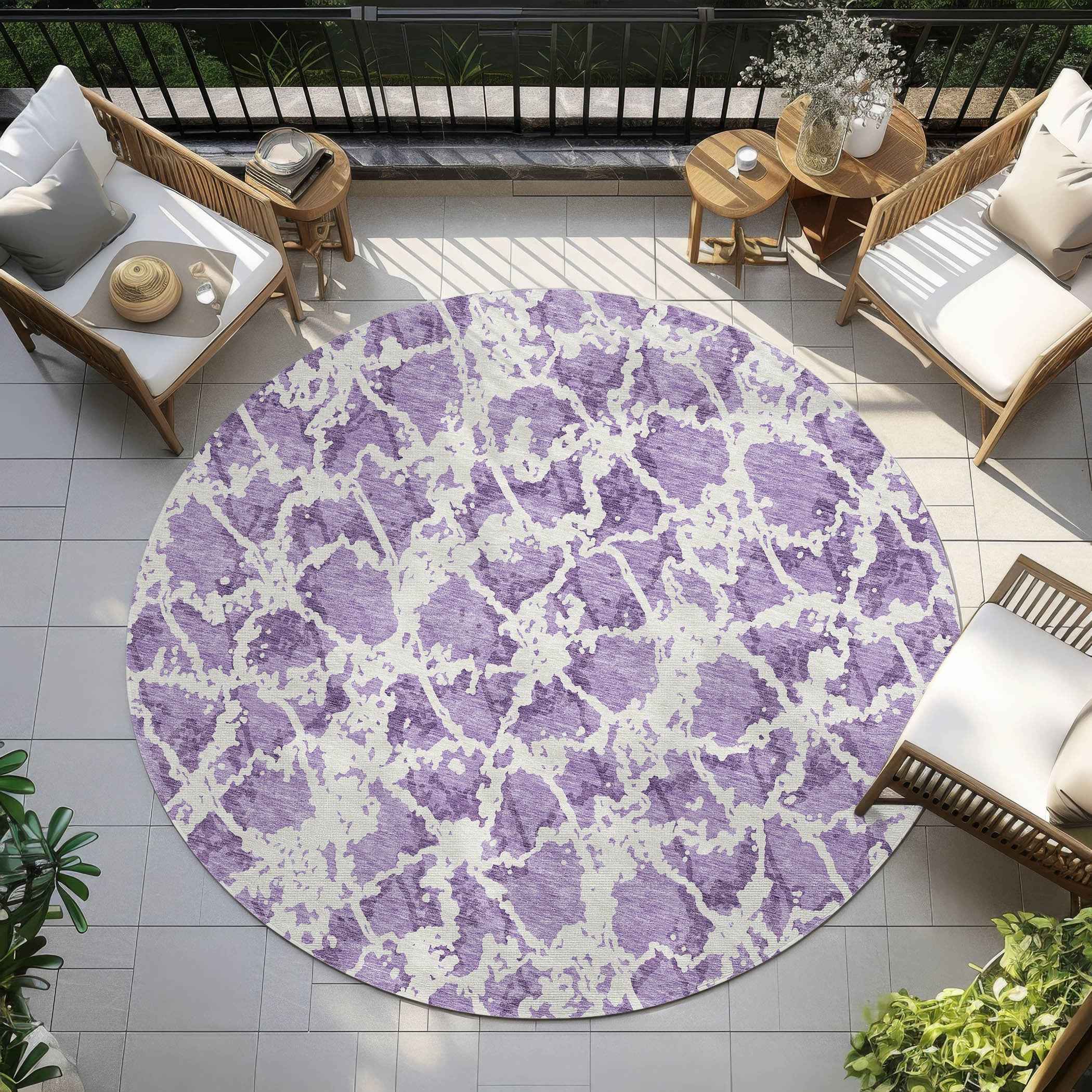 8' Lilac And Ivory Round Abstract Washable Indoor Outdoor Area Rug