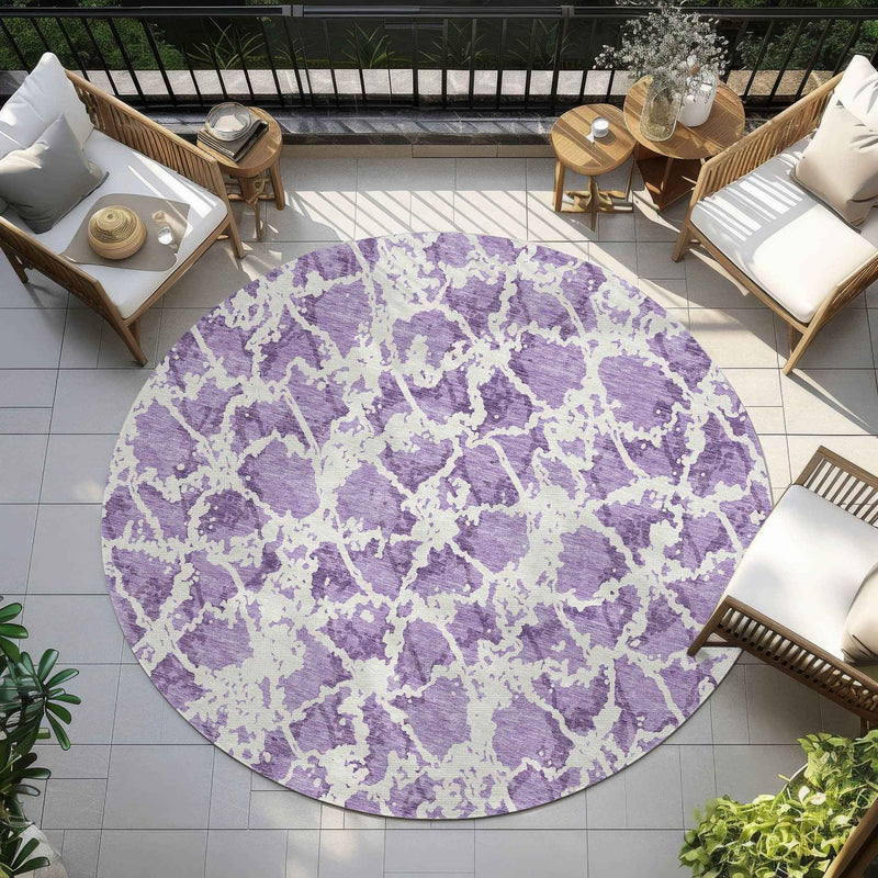 8' Lilac And Ivory Round Abstract Washable Indoor Outdoor Area Rug