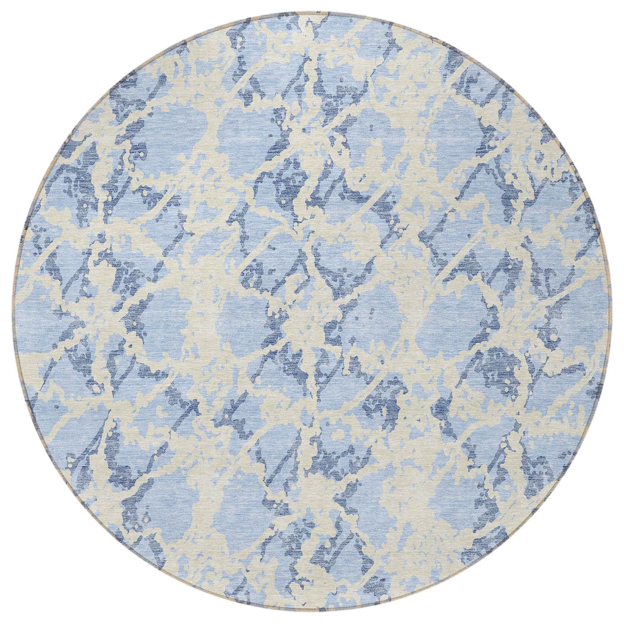 8' Sky Blue And Ivory Round Abstract Washable Indoor Outdoor Area Rug