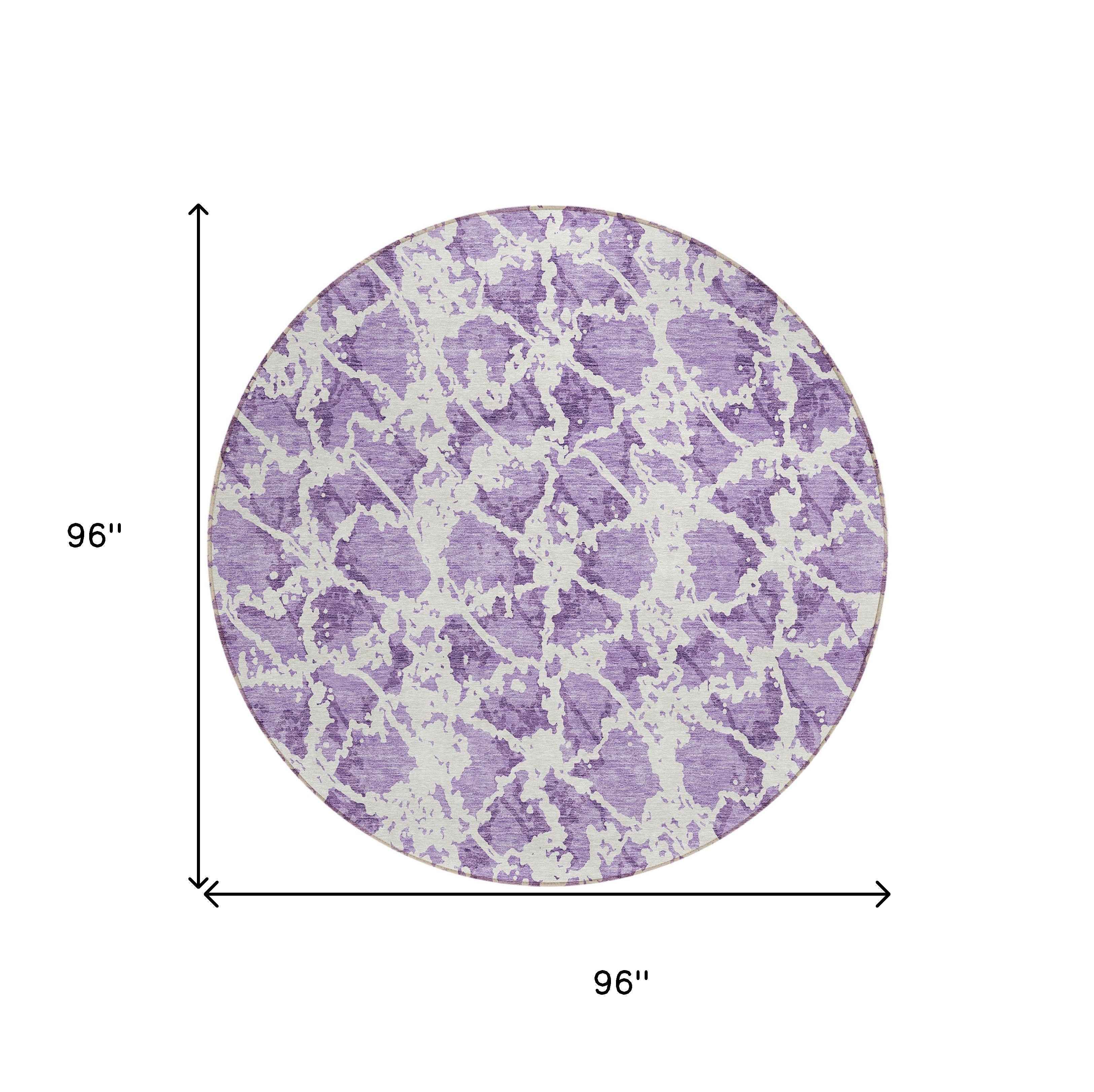 8' Lilac And Ivory Round Abstract Washable Indoor Outdoor Area Rug