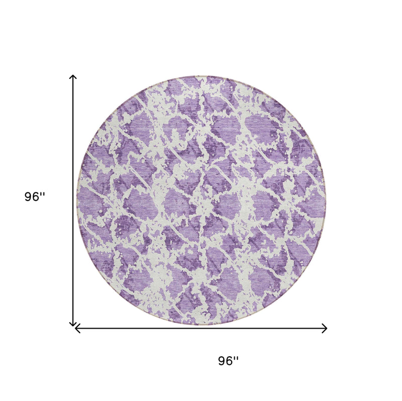 8' Lilac And Ivory Round Abstract Washable Indoor Outdoor Area Rug