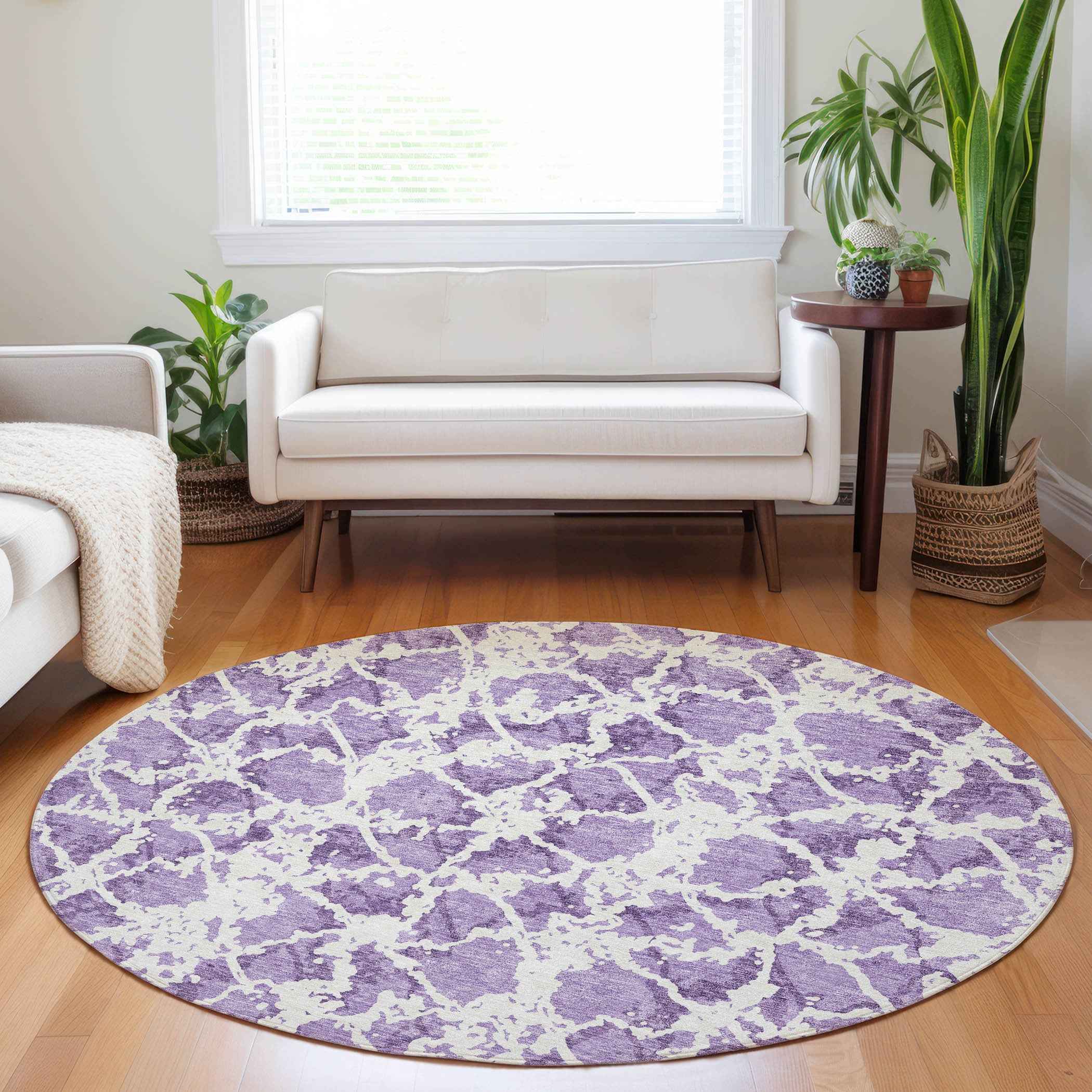 8' Lilac And Ivory Round Abstract Washable Indoor Outdoor Area Rug