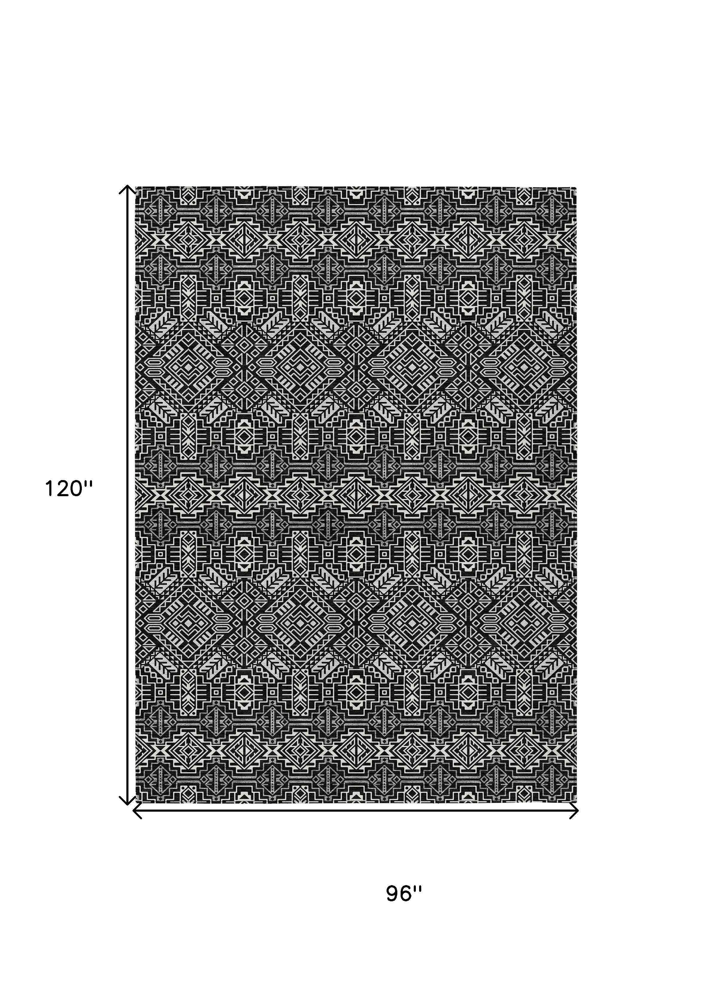 8' X 10' Black And Ivory Tribal Washable Indoor Outdoor Area Rug