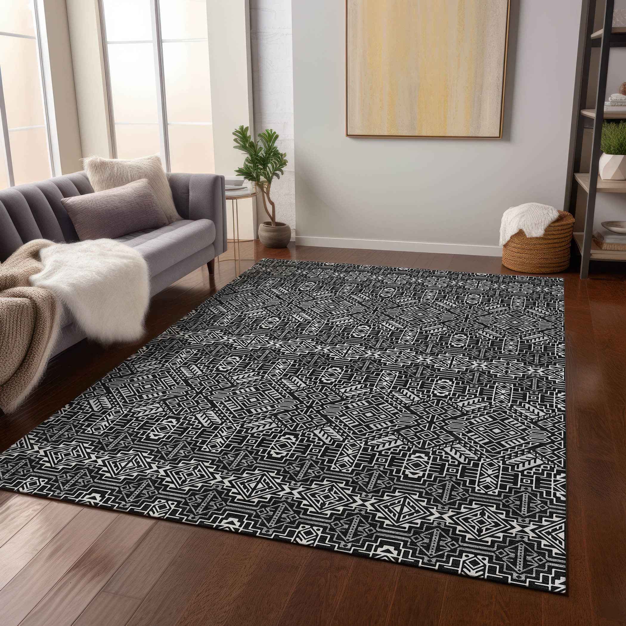 8' X 10' Black And Ivory Tribal Washable Indoor Outdoor Area Rug