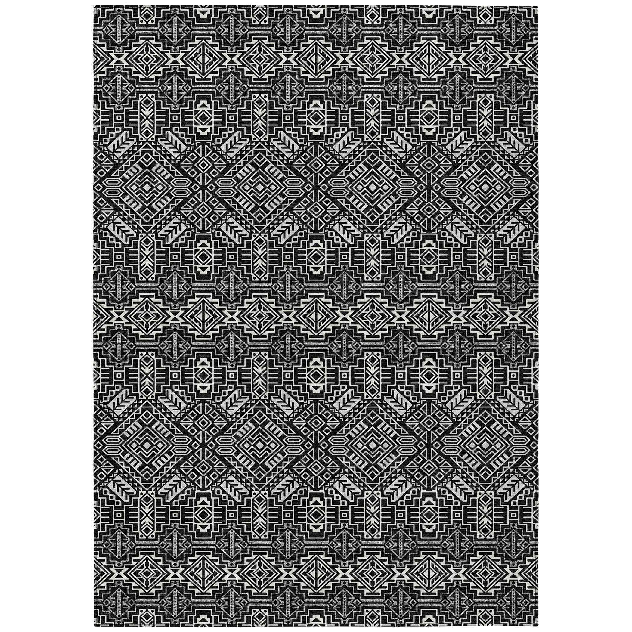8' X 10' Black And Ivory Tribal Washable Indoor Outdoor Area Rug