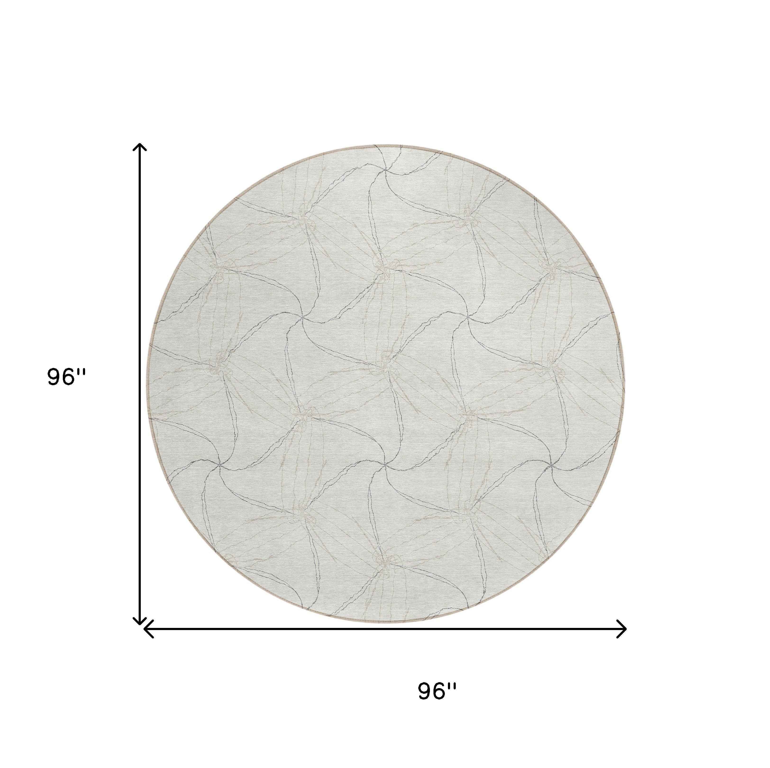 8' Ivory And Taupe Round Geometric Washable Indoor Outdoor Area Rug