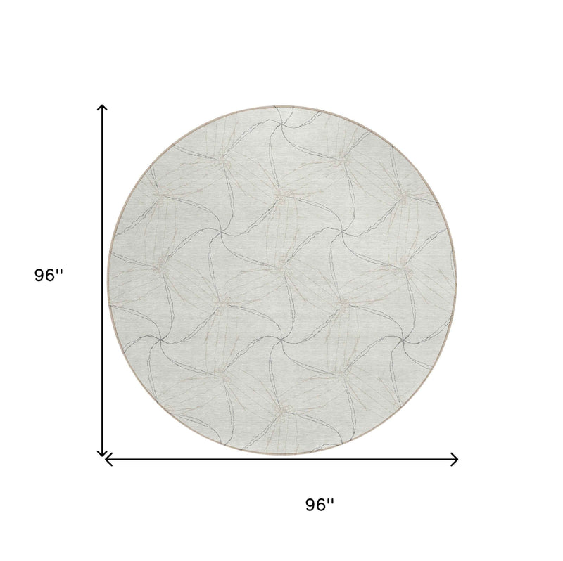 8' Ivory And Taupe Round Geometric Washable Indoor Outdoor Area Rug