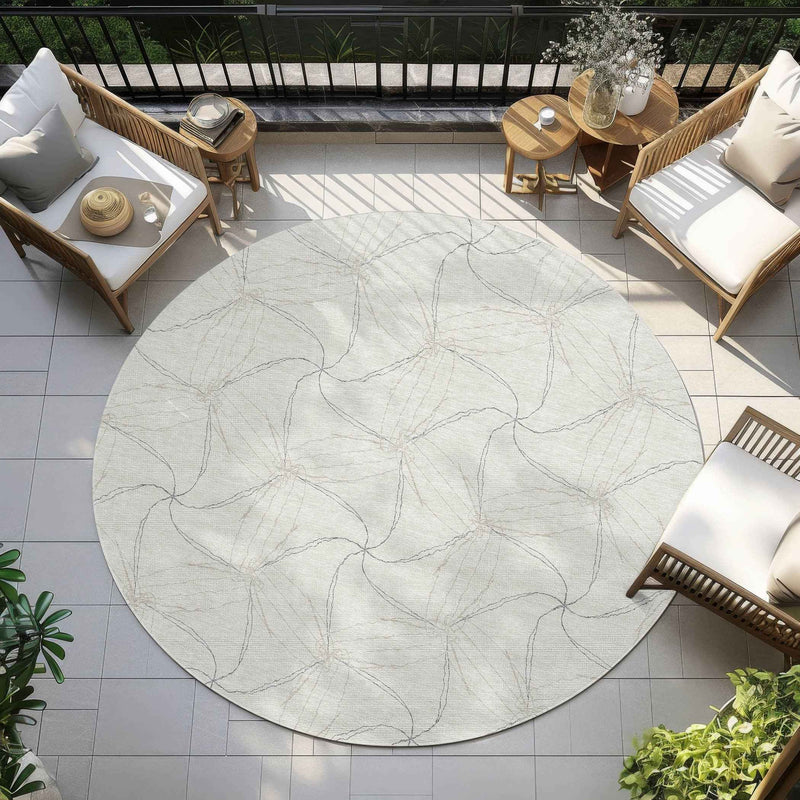 8' Ivory And Taupe Round Geometric Washable Indoor Outdoor Area Rug