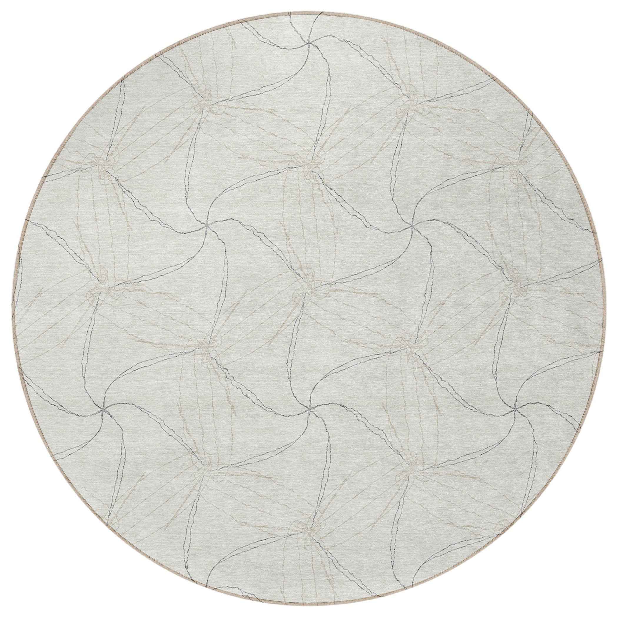 8' Ivory And Taupe Round Geometric Washable Indoor Outdoor Area Rug