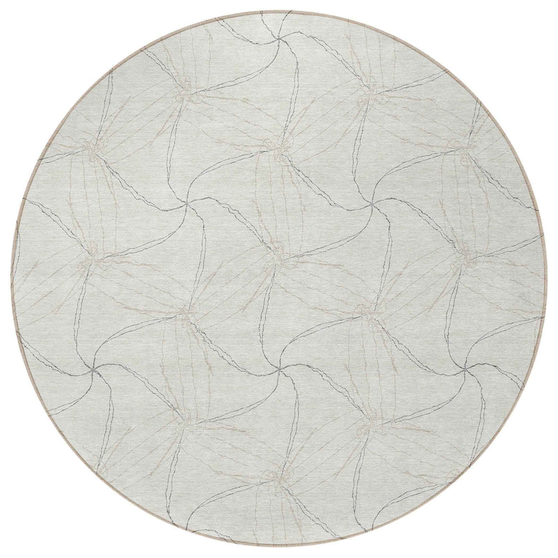8' Ivory And Taupe Round Geometric Washable Indoor Outdoor Area Rug