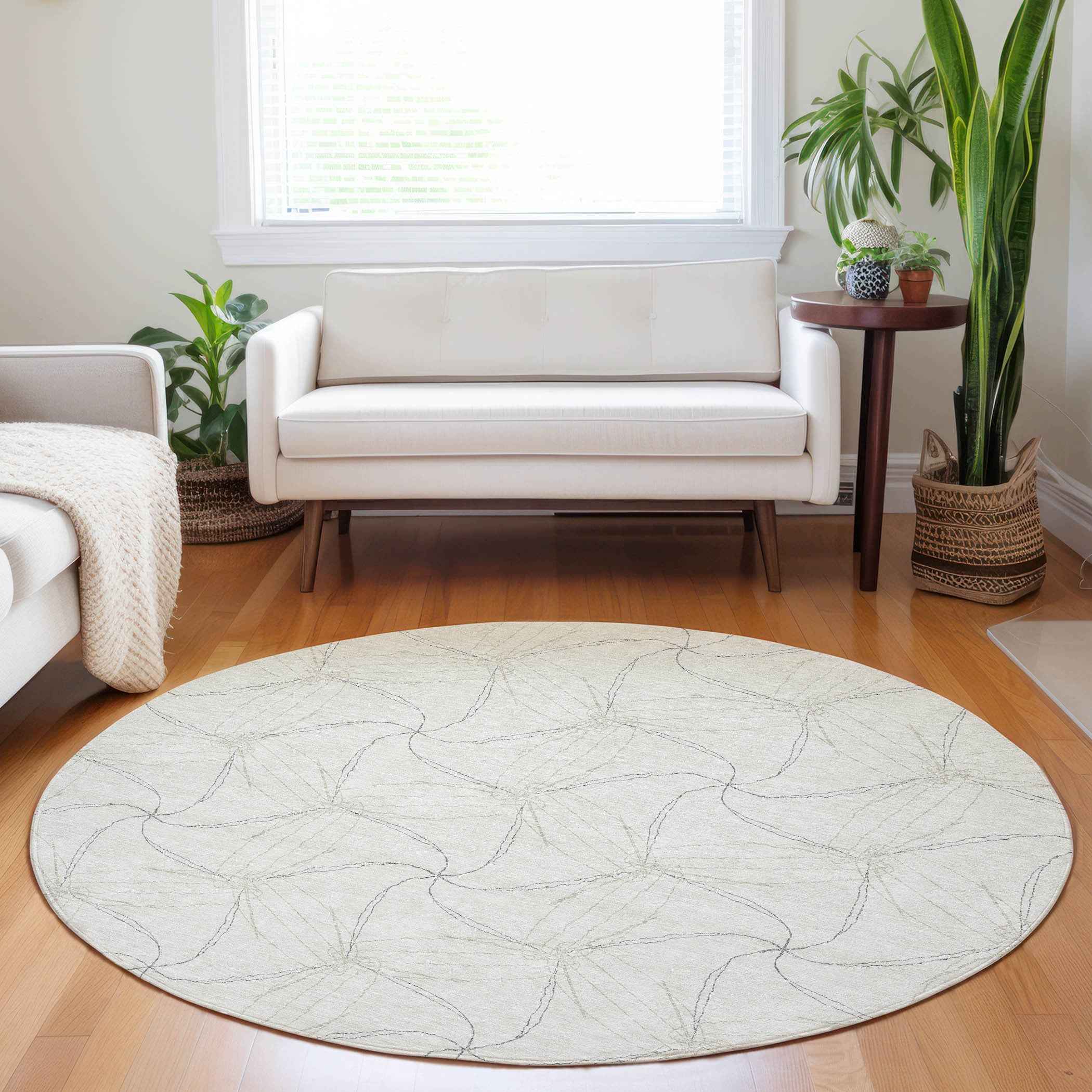 8' Ivory And Taupe Round Geometric Washable Indoor Outdoor Area Rug