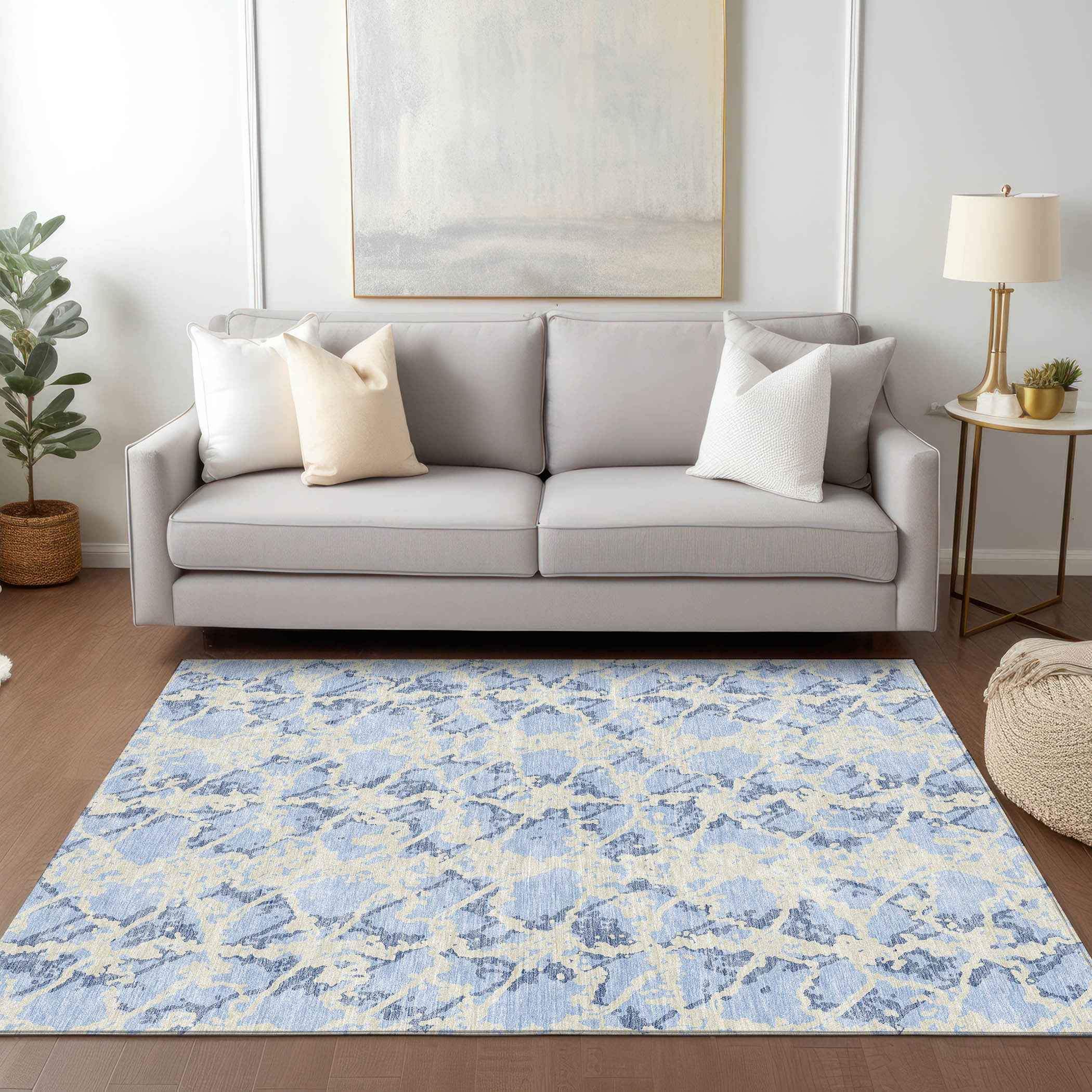 9' X 12' Sky Blue And Ivory Abstract Washable Indoor Outdoor Area Rug