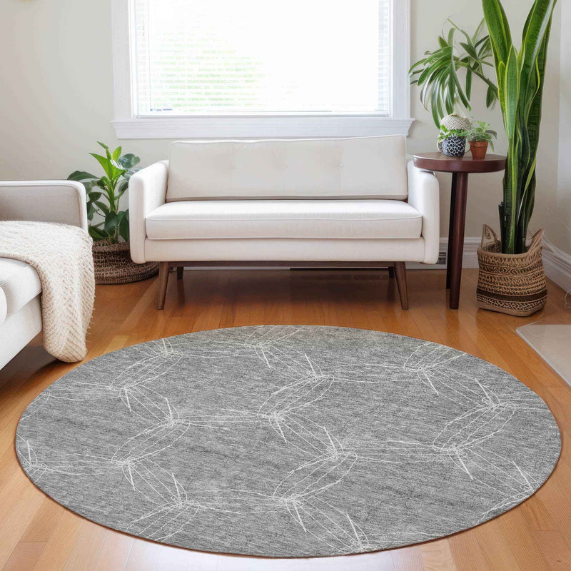 8' Gray And Ivory Round Geometric Washable Indoor Outdoor Area Rug