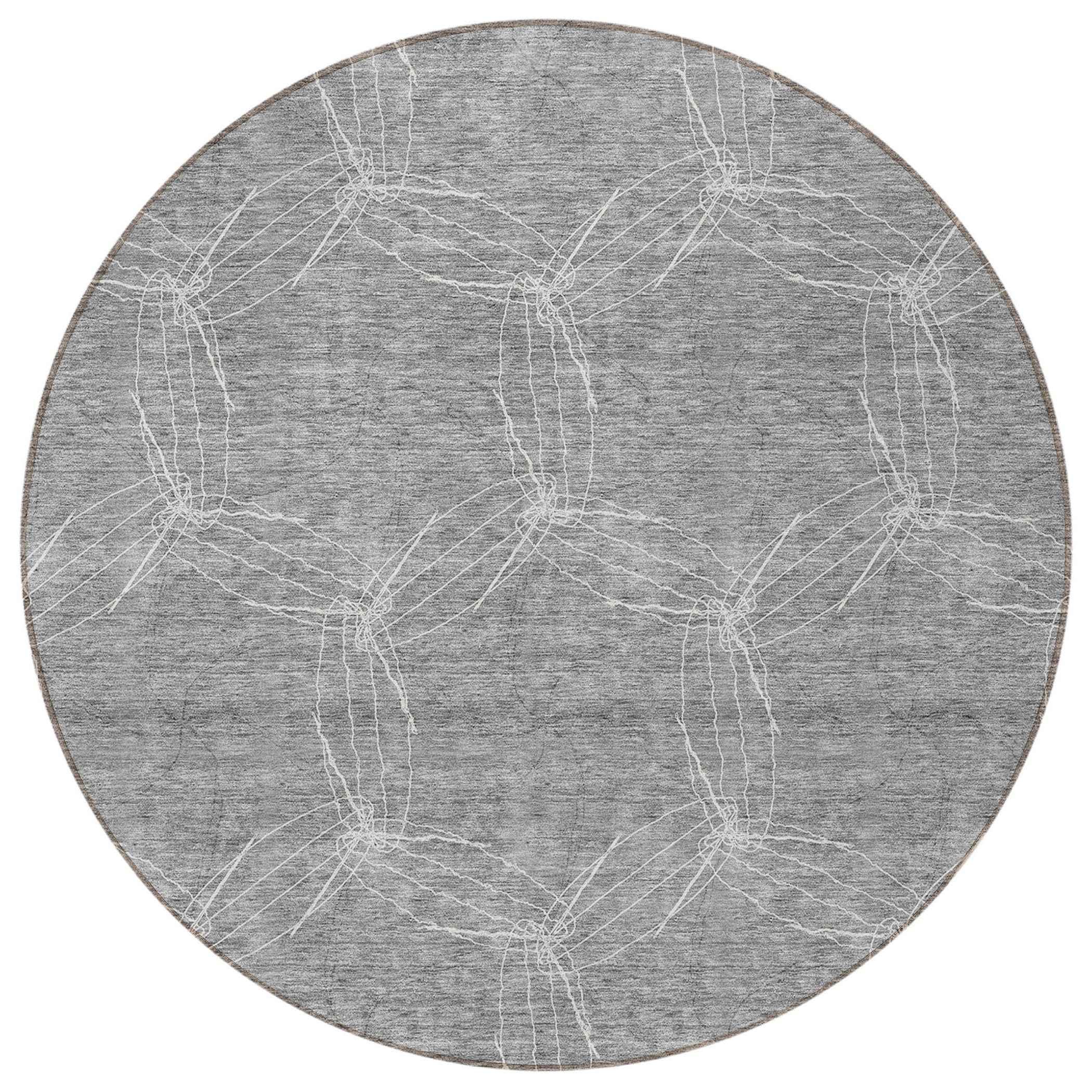 8' Gray And Ivory Round Geometric Washable Indoor Outdoor Area Rug