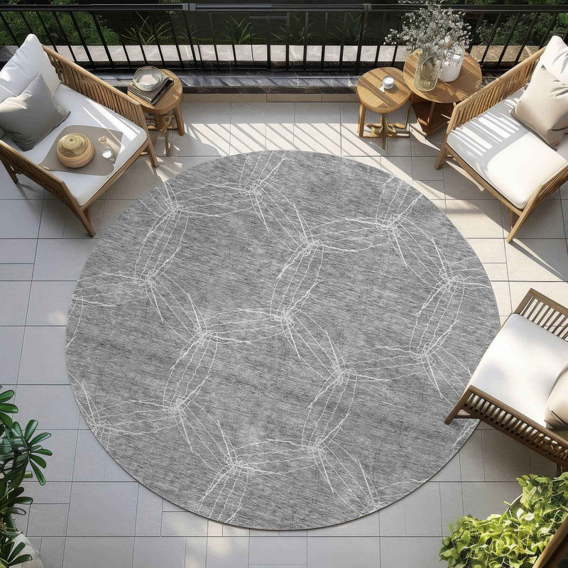 8' Gray And Ivory Round Geometric Washable Indoor Outdoor Area Rug