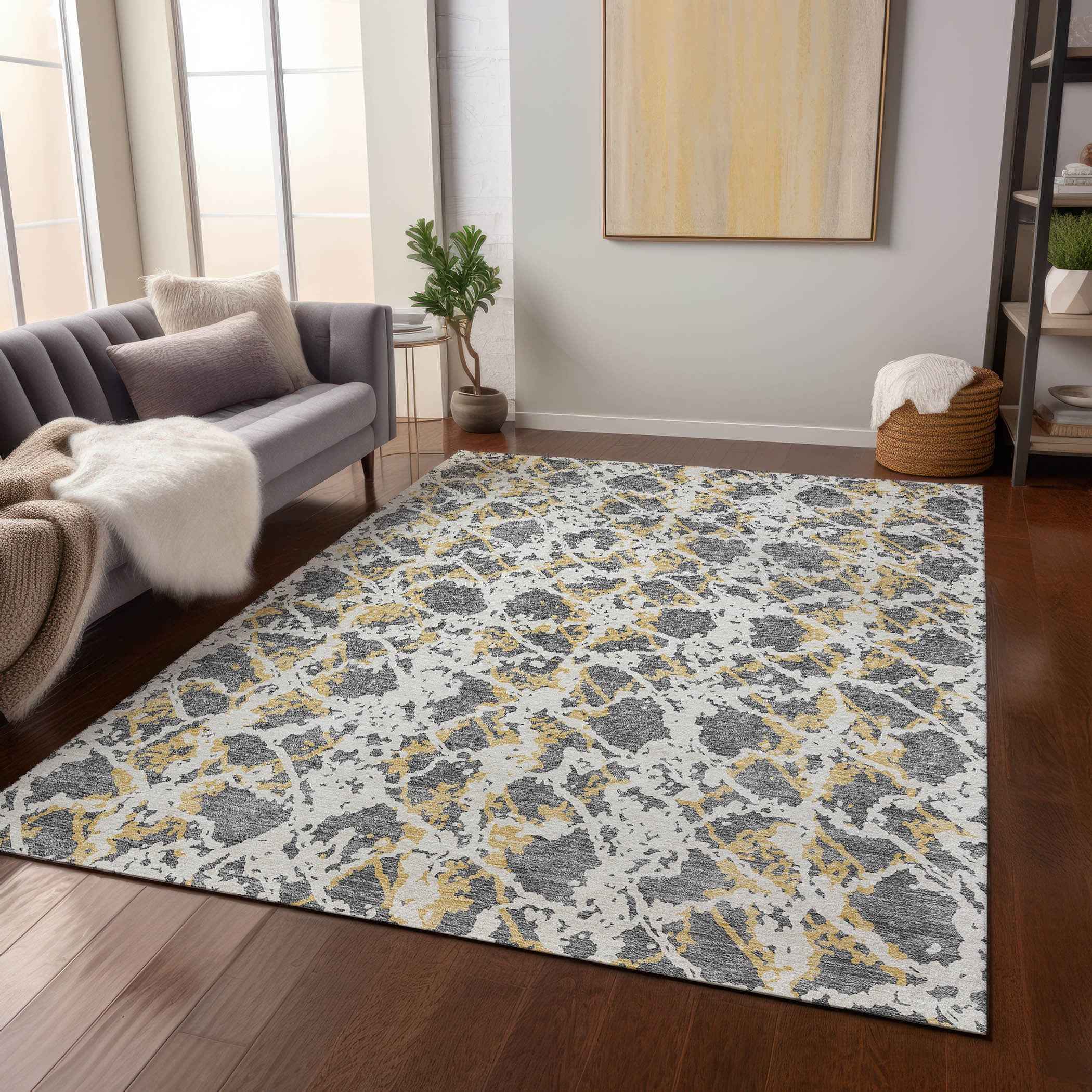 8' X 10' Gray And Ivory Abstract Washable Indoor Outdoor Area Rug