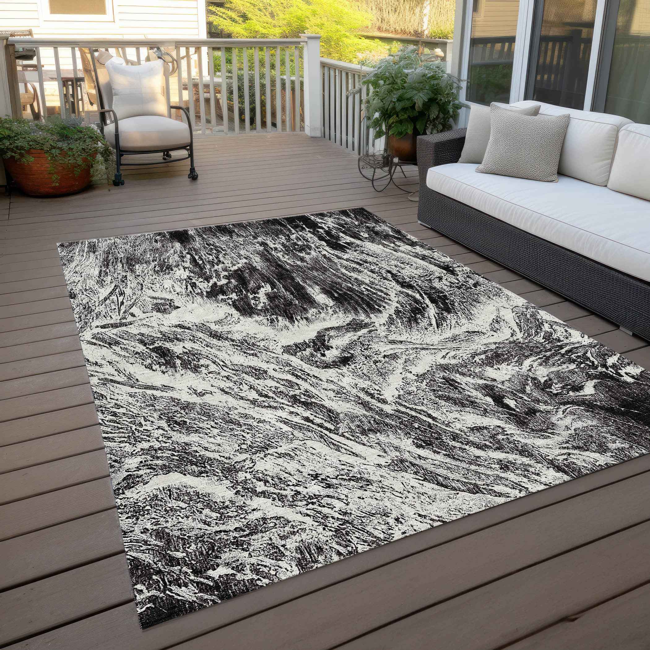 9' X 12' Black And Ivory Abstract Washable Indoor Outdoor Area Rug